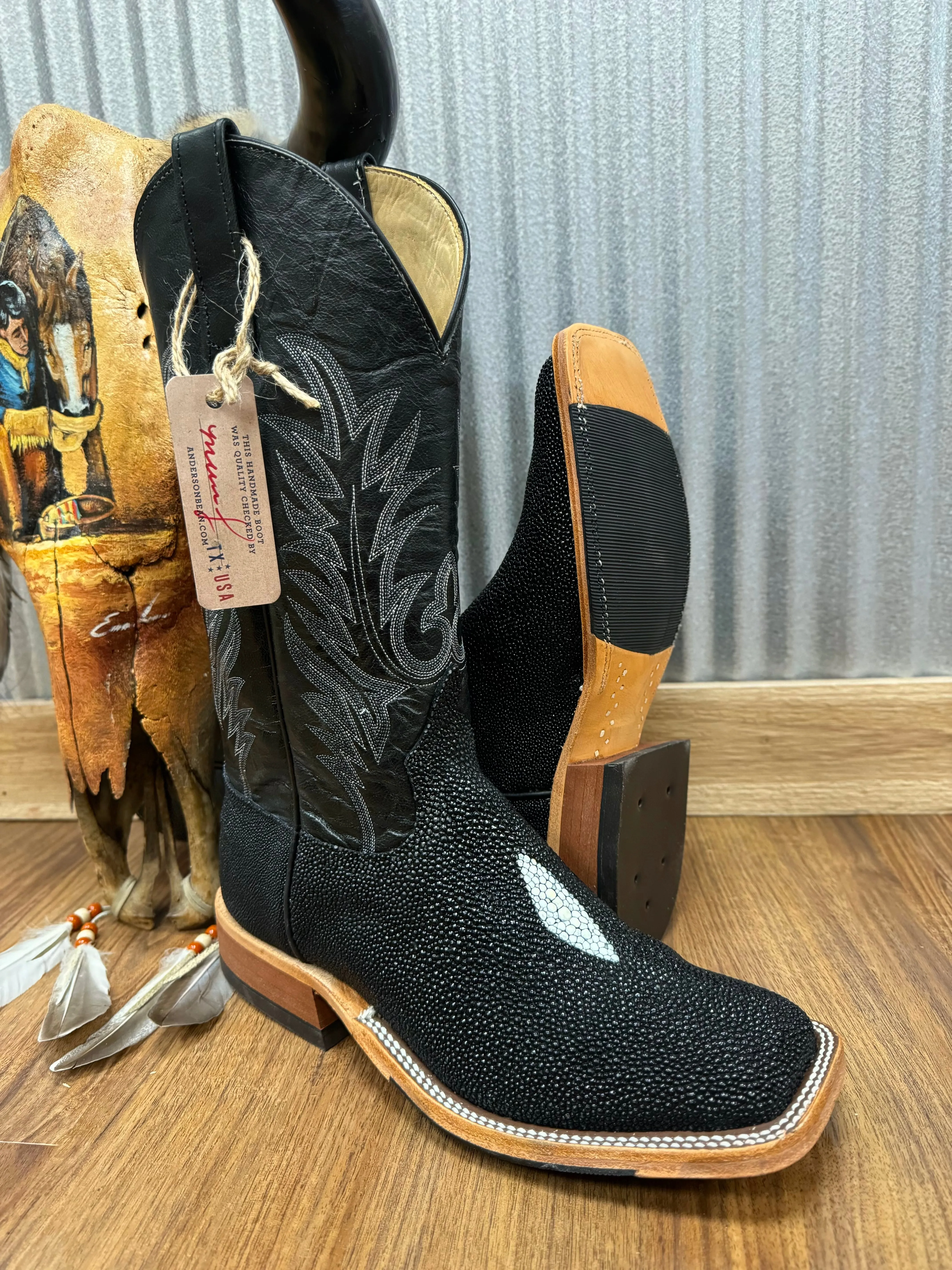 Anderson Bean Men's Black Stingray & 13” Black Explosion Top Square Toe Cowboy Boots 335355 338946