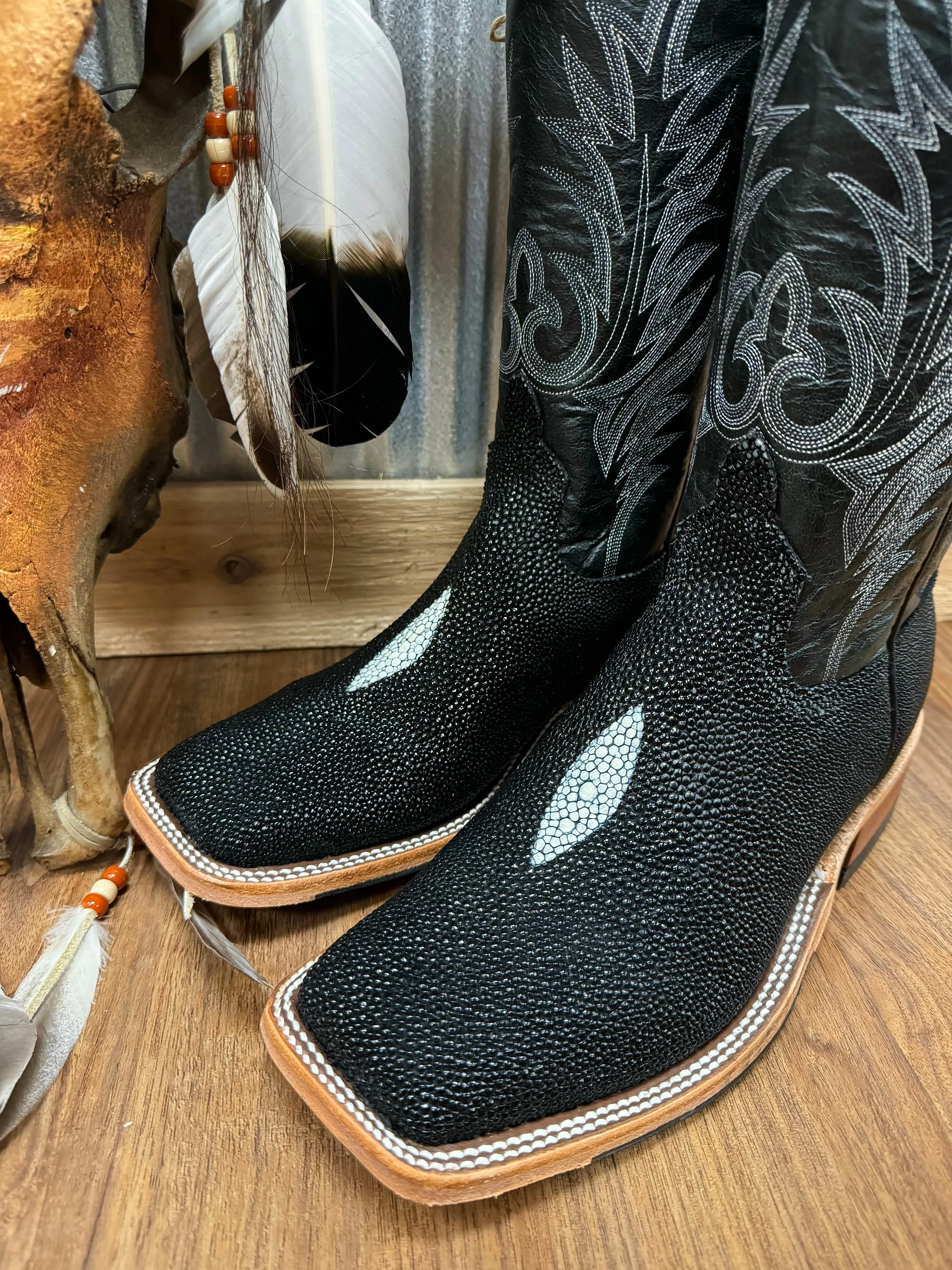 Anderson Bean Men's Black Stingray & 13” Black Explosion Top Square Toe Cowboy Boots 335355 338946