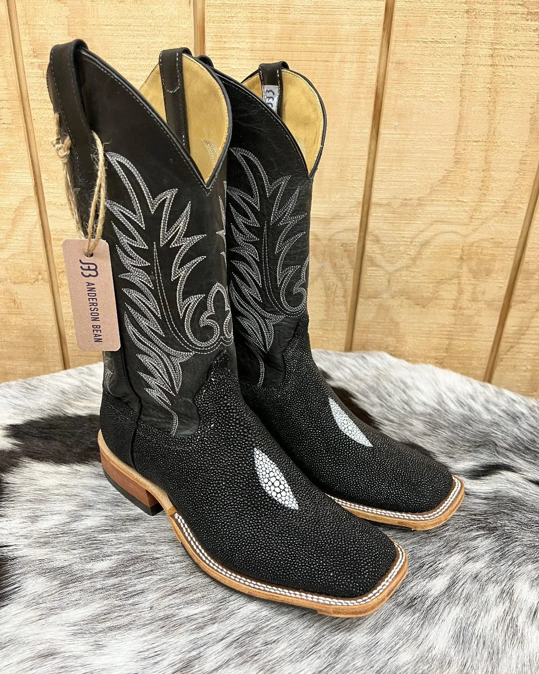 Anderson Bean Men's Black Stingray & 13” Black Explosion Top Square Toe Cowboy Boots 335355 338946