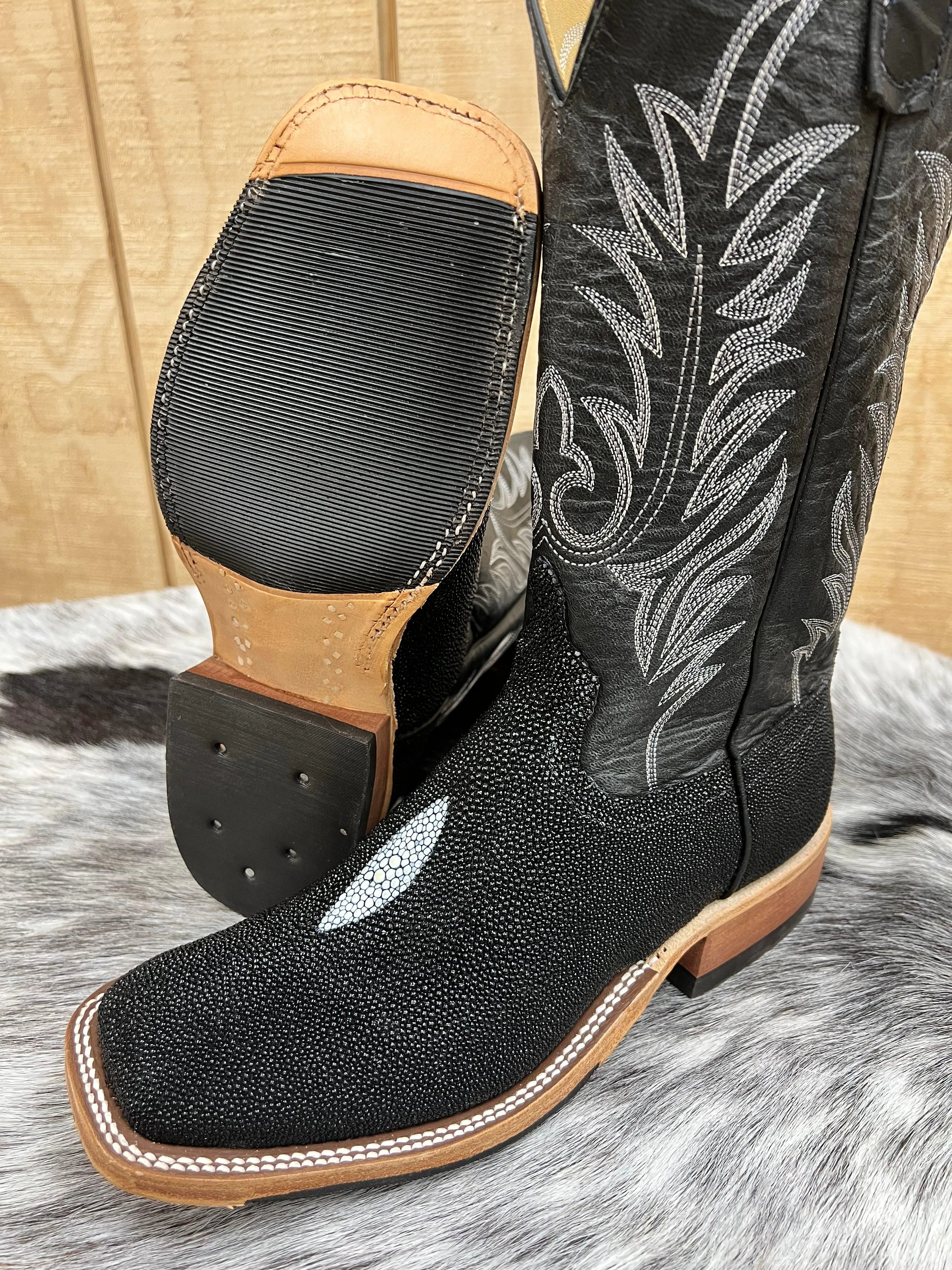 Anderson Bean Men's Black Stingray & 13” Black Explosion Top Square Toe Cowboy Boots 335355 338946
