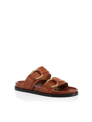 AQUA Womens Buckle Accent Cushioned Round Toe Slip On Leather Slide Sandals Brown 8 M