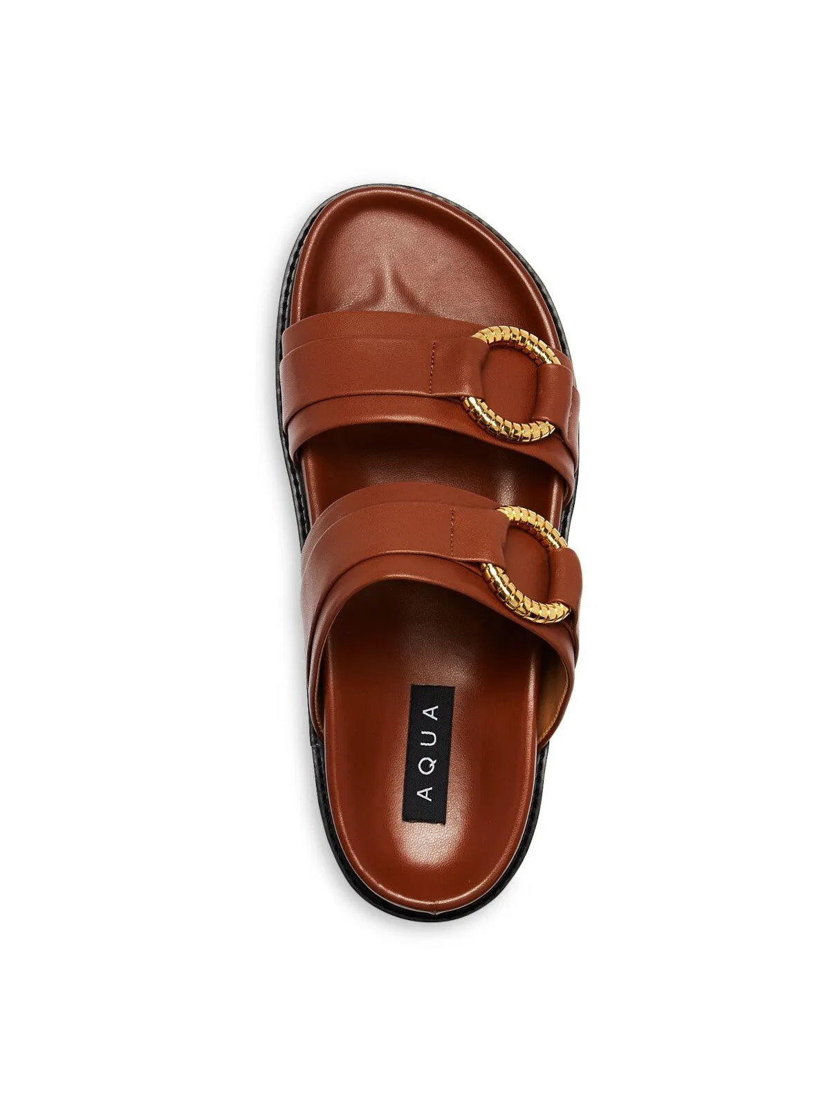 AQUA Womens Buckle Accent Cushioned Round Toe Slip On Leather Slide Sandals Brown 8 M
