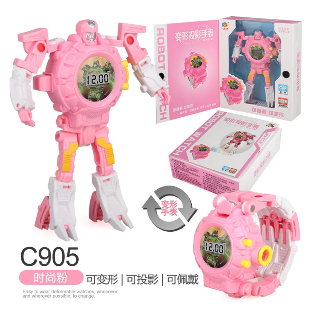 Cartoon Watch Toy Deformation Robot Electronic with Project Children's Toys Red (no projection can be deformed)