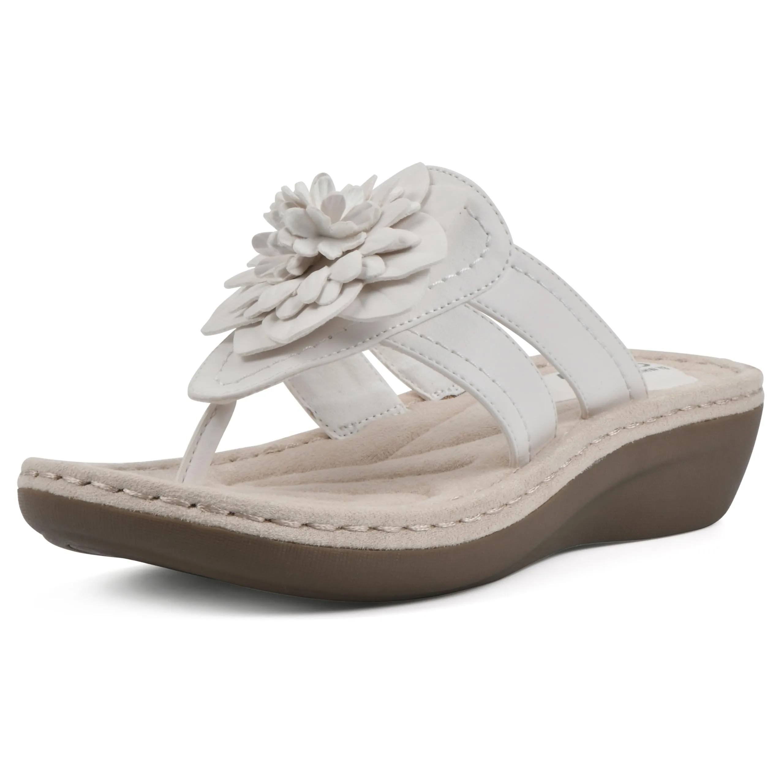CLIFFS BY WHITE MOUNTAIN Women's Cassia Mini Wedge Flower Flip Flop Sandal, White/Smooth, 10 W