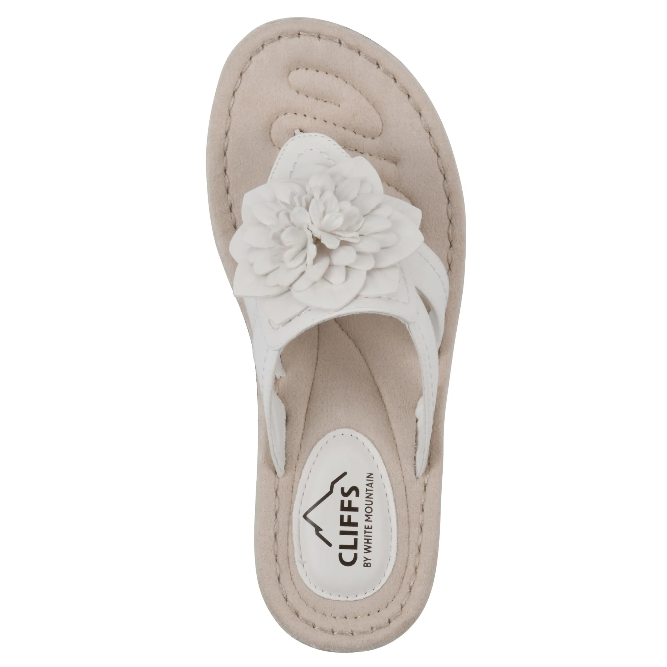 CLIFFS BY WHITE MOUNTAIN Women's Cassia Mini Wedge Flower Flip Flop Sandal, White/Smooth, 10 W