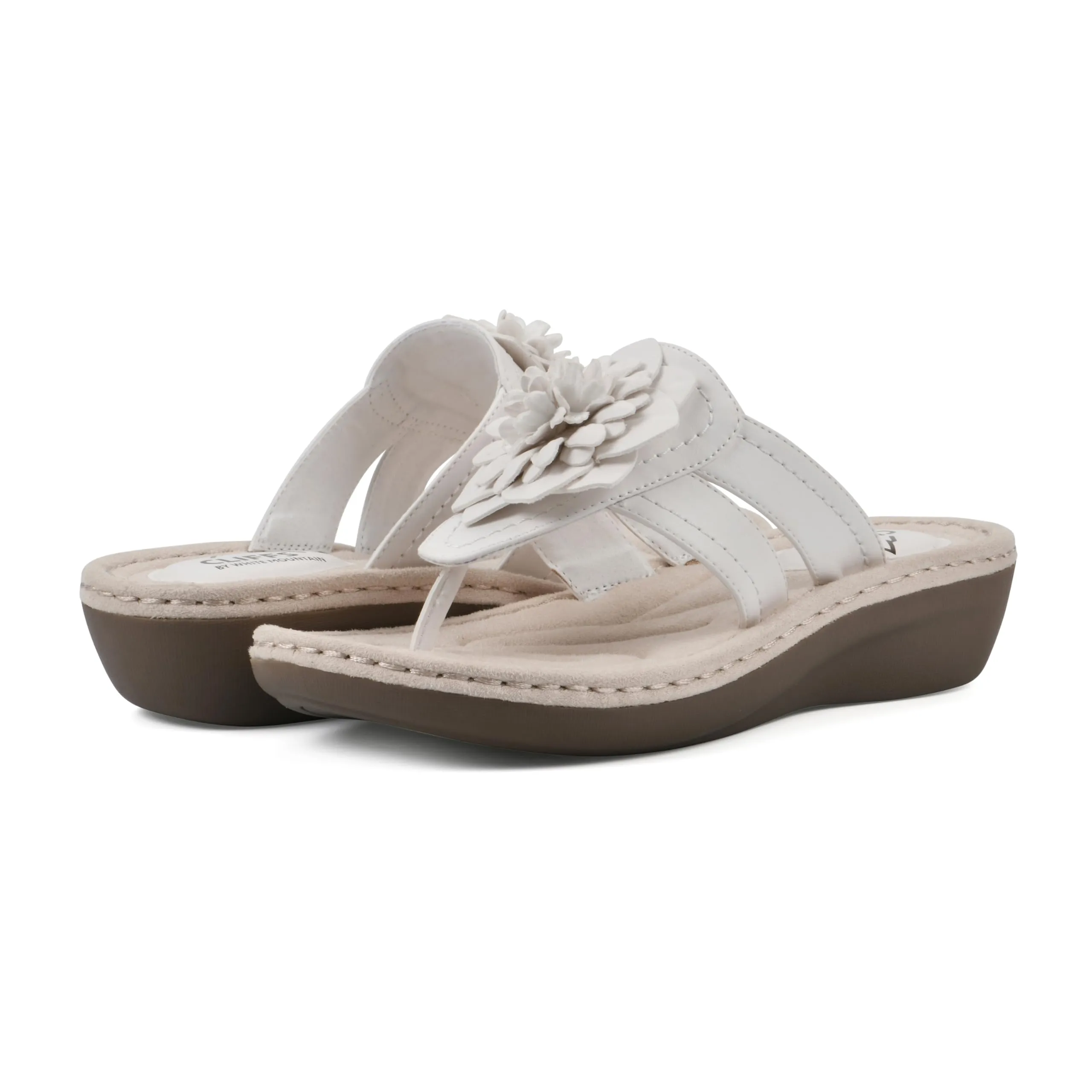 CLIFFS BY WHITE MOUNTAIN Women's Cassia Mini Wedge Flower Flip Flop Sandal, White/Smooth, 10 W