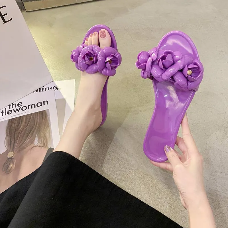 Glossy Floral Slip-On Sandals
