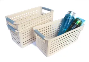 Honla Slim Plastic Storage Baskets Bins Organizer with Gray Handles,Set of 3,Beige