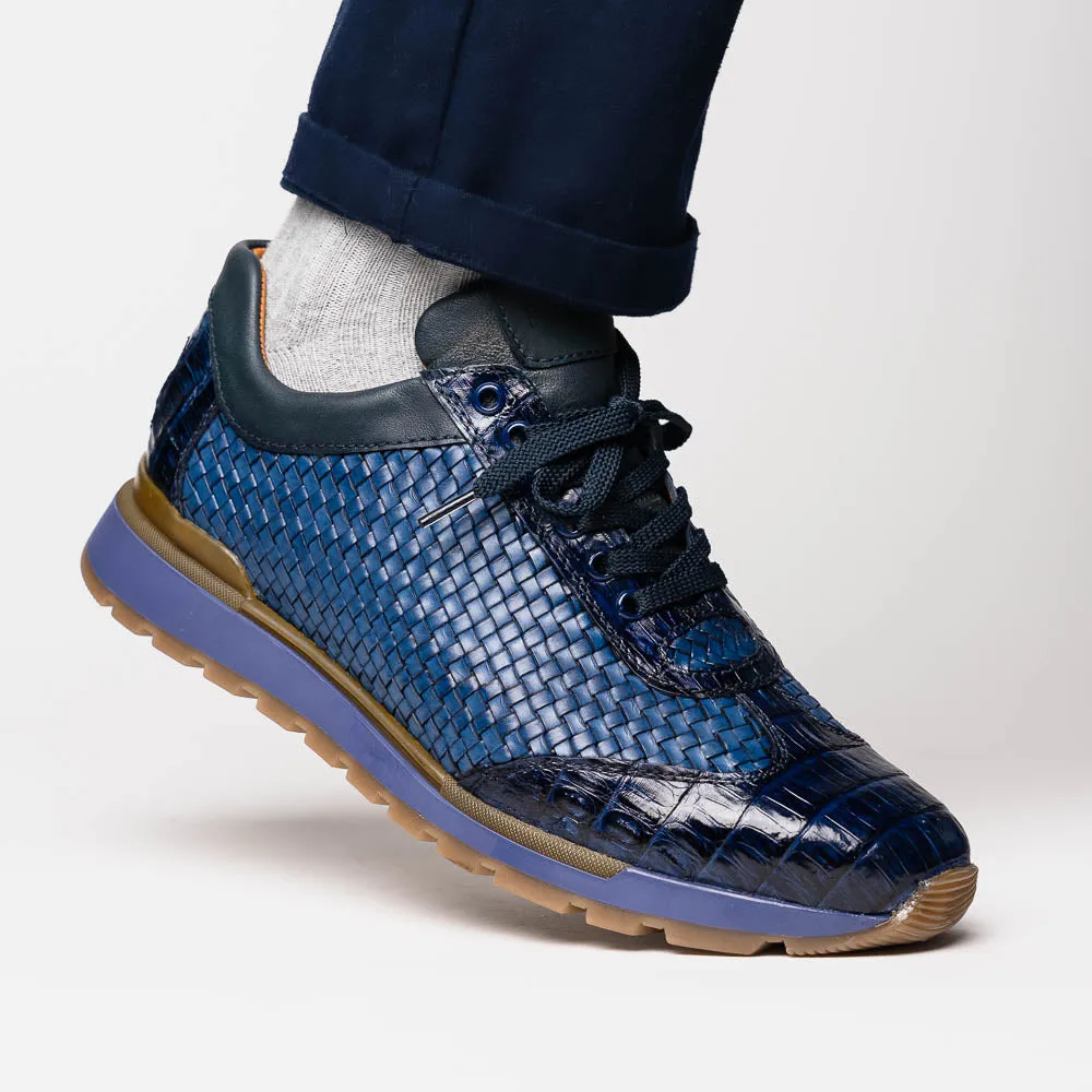 Marco Di Milano Roma in Navy Caiman Crocodile & Woven Calfskin Sneakers