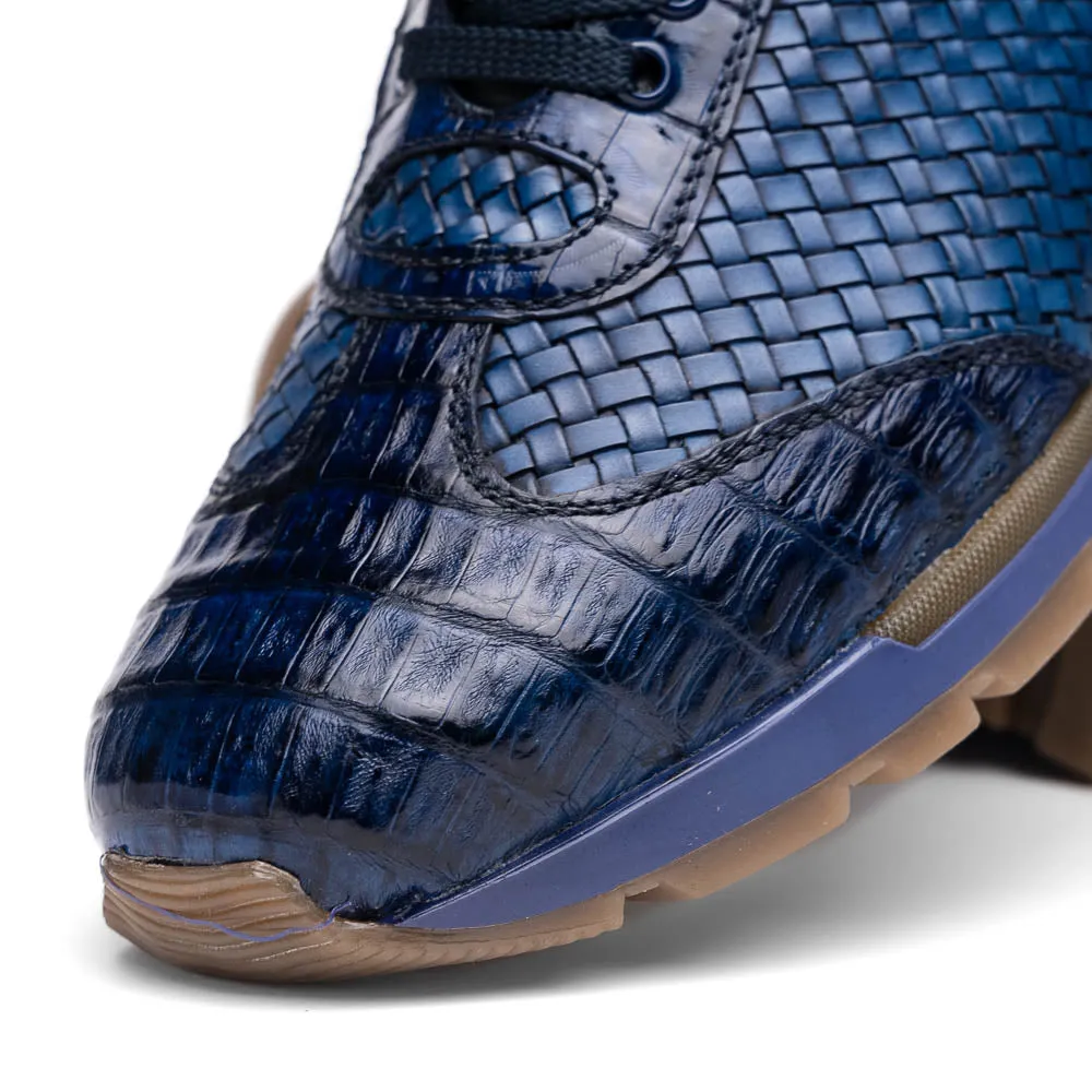 Marco Di Milano Roma in Navy Caiman Crocodile & Woven Calfskin Sneakers