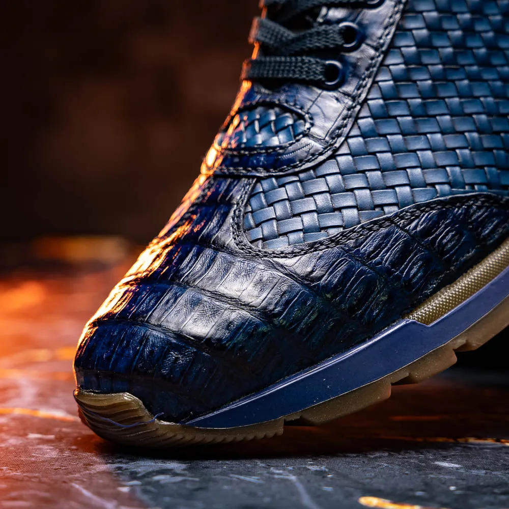Marco Di Milano Roma in Navy Caiman Crocodile & Woven Calfskin Sneakers