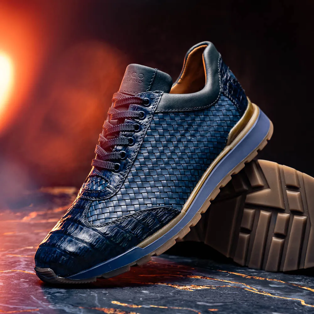 Marco Di Milano Roma in Navy Caiman Crocodile & Woven Calfskin Sneakers