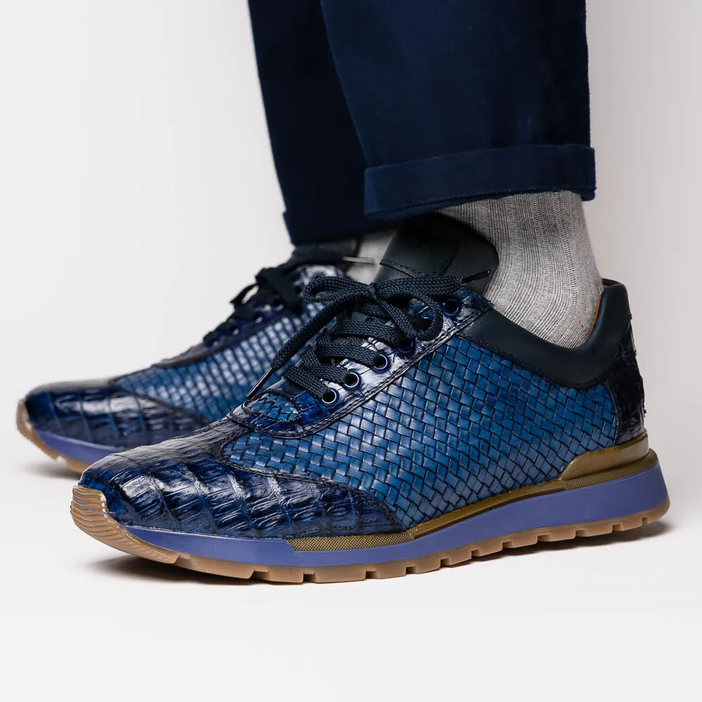 Marco Di Milano Roma in Navy Caiman Crocodile & Woven Calfskin Sneakers