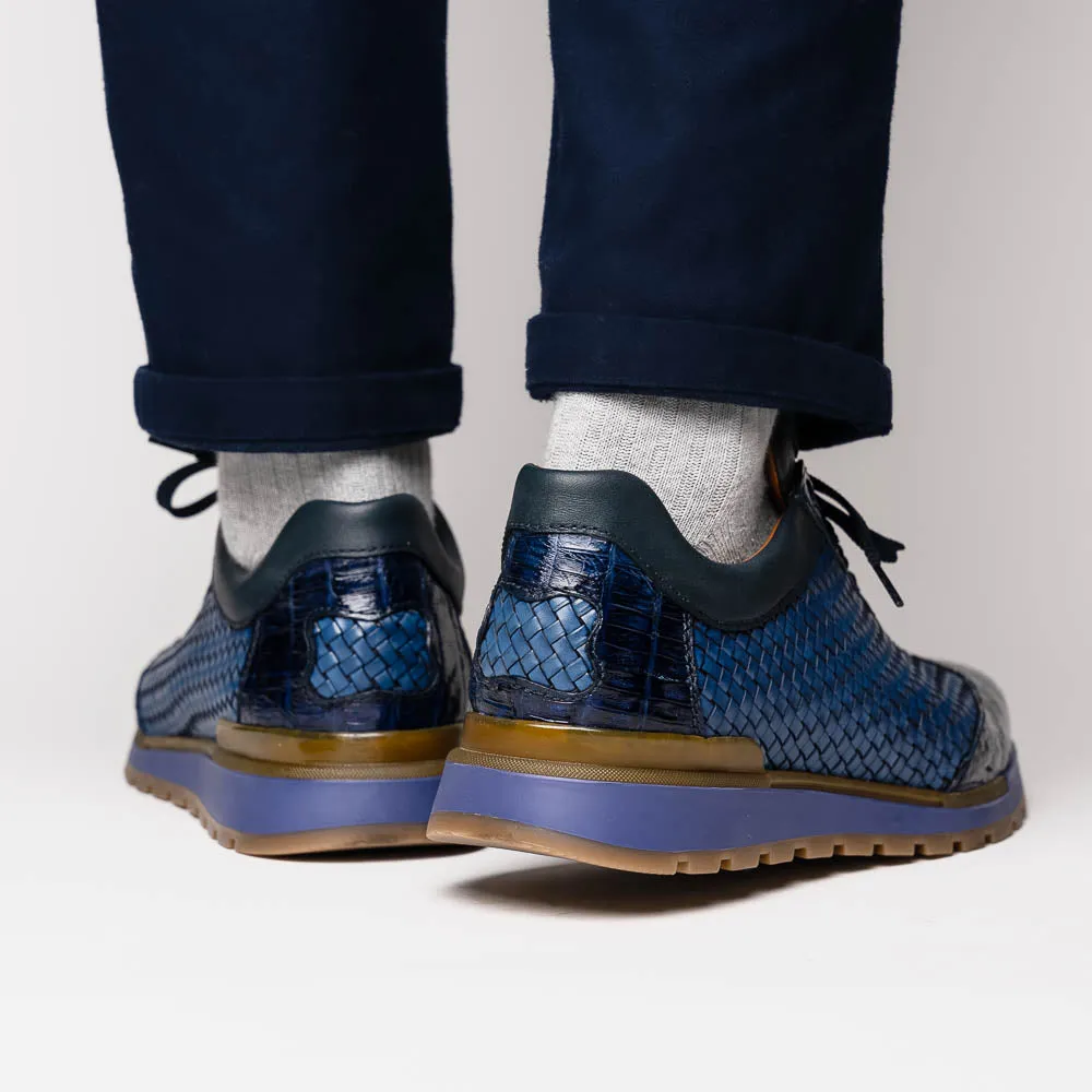 Marco Di Milano Roma in Navy Caiman Crocodile & Woven Calfskin Sneakers