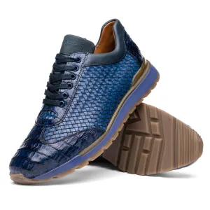 Marco Di Milano Roma in Navy Caiman Crocodile & Woven Calfskin Sneakers