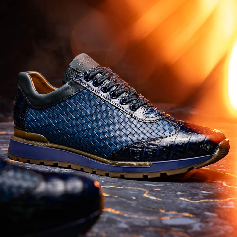Marco Di Milano Roma in Navy Caiman Crocodile & Woven Calfskin Sneakers