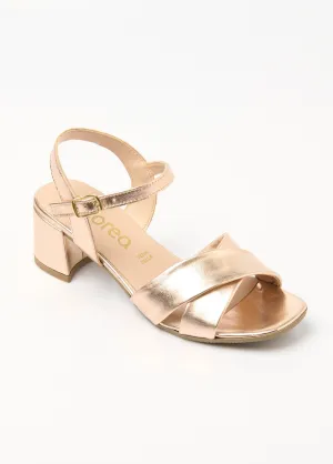 Metallic leather heeled sandals with crossed straps