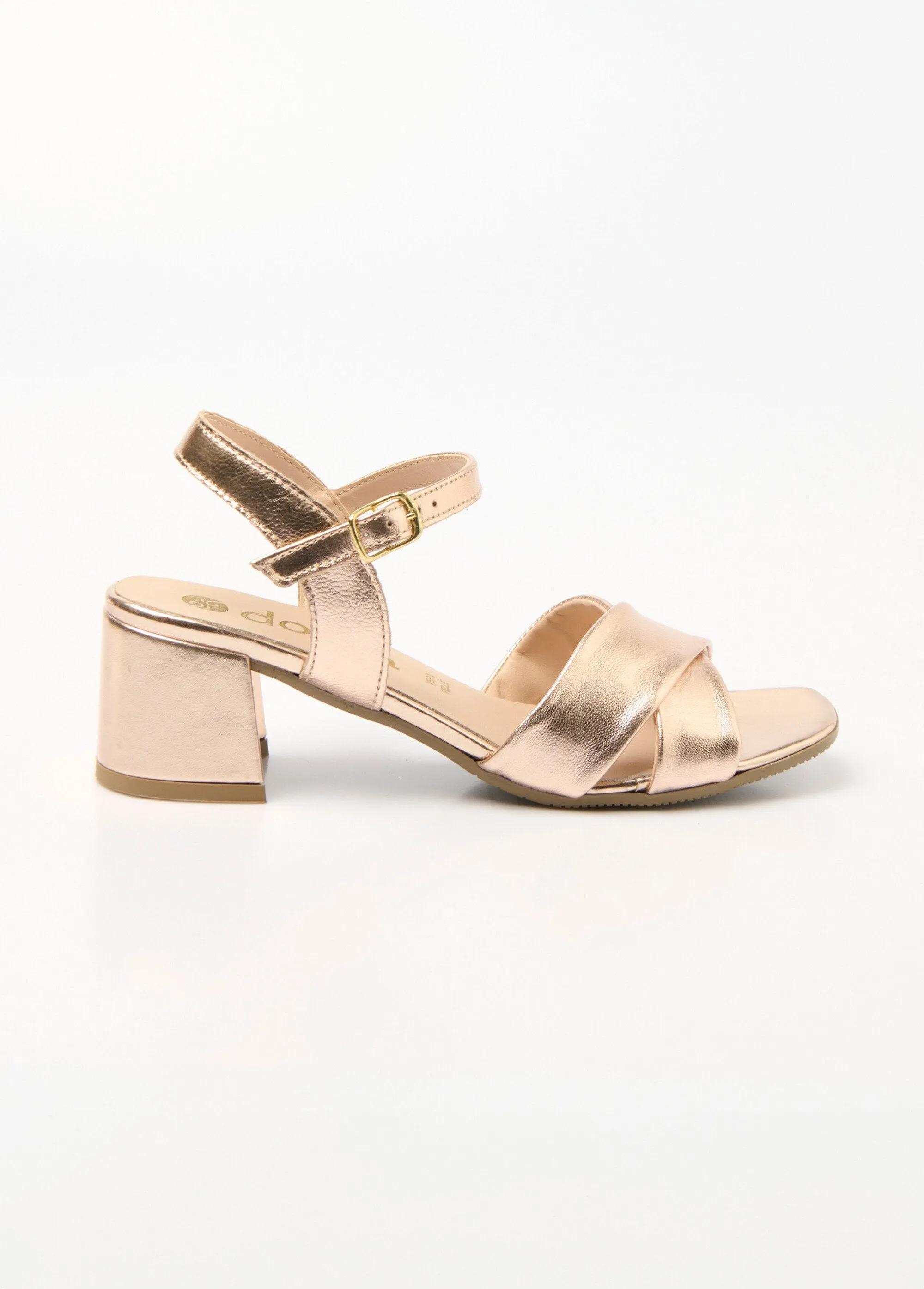 Metallic leather heeled sandals with crossed straps