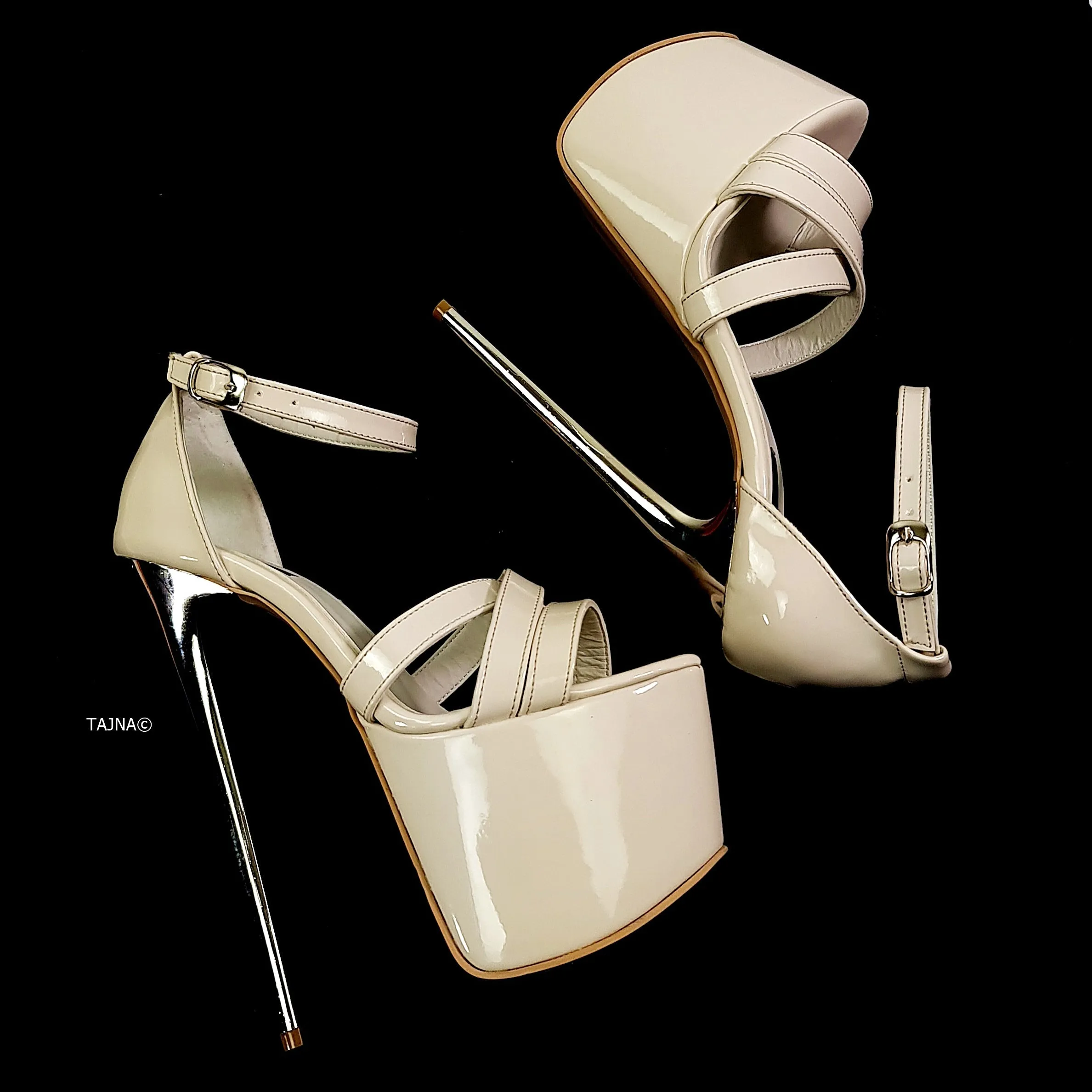 Nude Cream Patent Metallic Heel Sandals