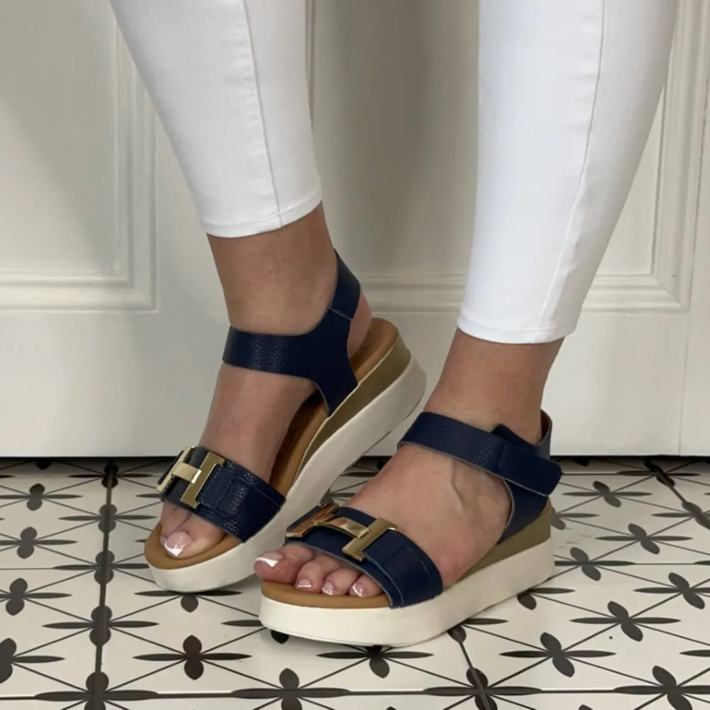 Oh My Sandals Low Leather Wedge 5672-NAVY