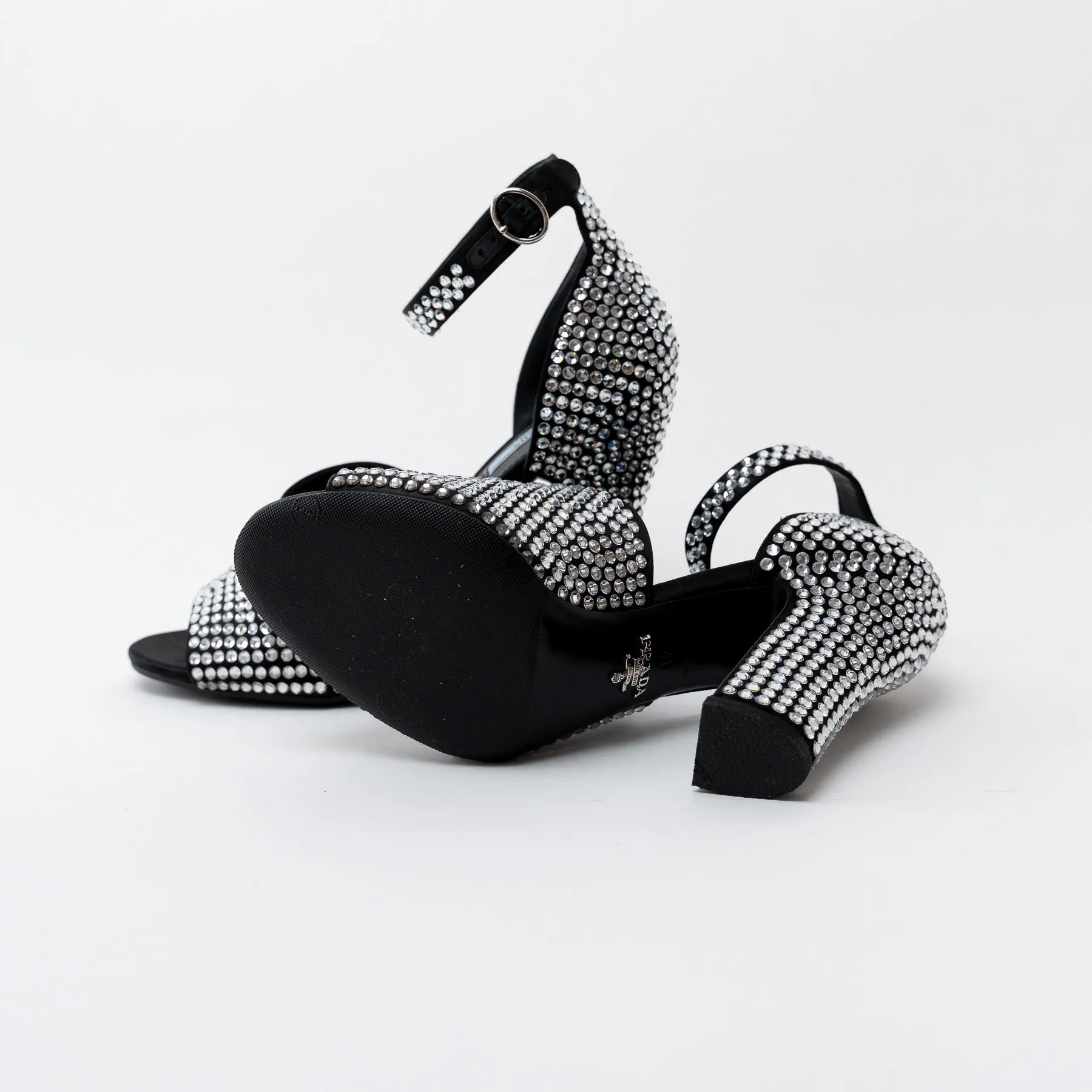 Prada Black Satin Crystal Embellished Sandals Size 41
