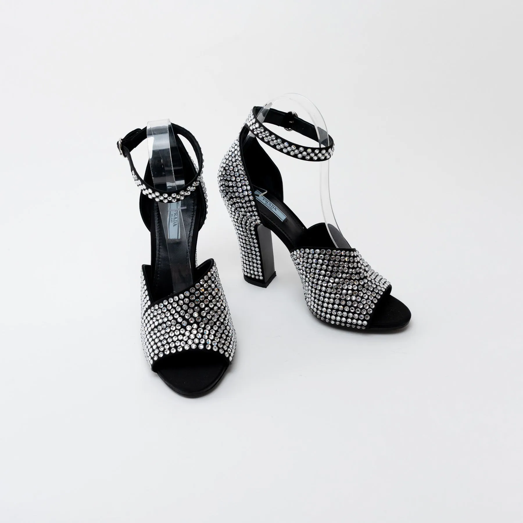 Prada Black Satin Crystal Embellished Sandals Size 41