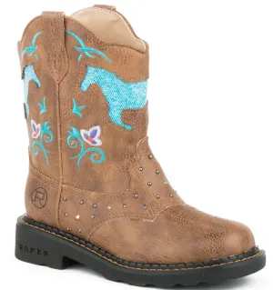 Roper Girls Toddler Horse Flower Light Up Boots - Tan