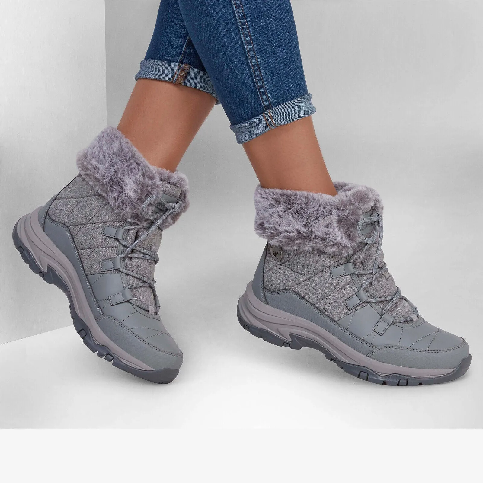 Skechers Womens Trego Winter Feelings Grey Waterproof Fur Collar Ankle Boots