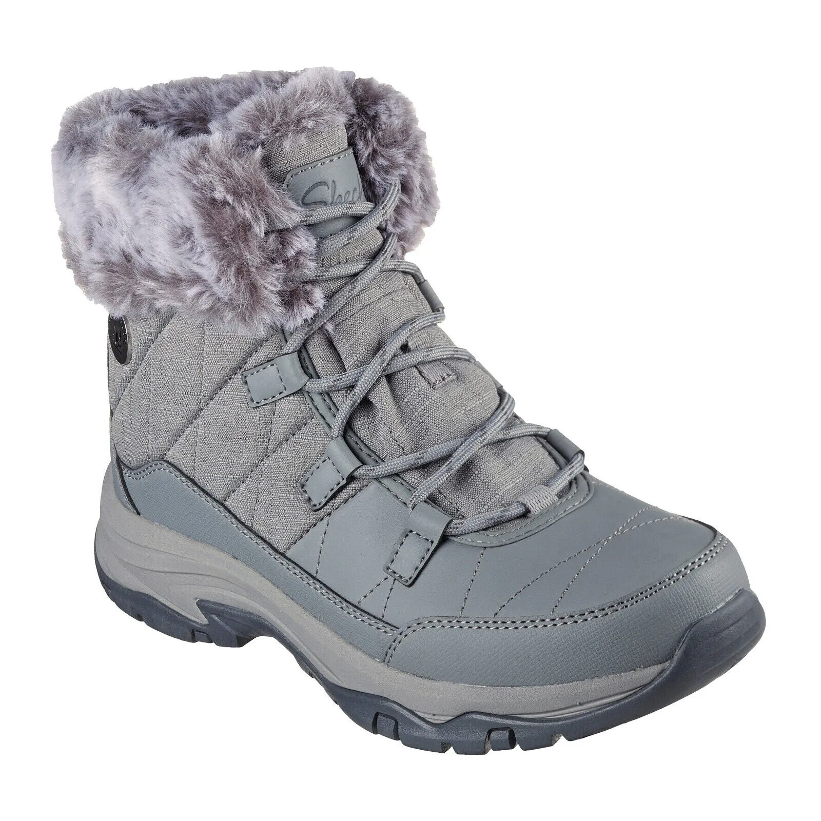 Skechers Womens Trego Winter Feelings Grey Waterproof Fur Collar Ankle Boots