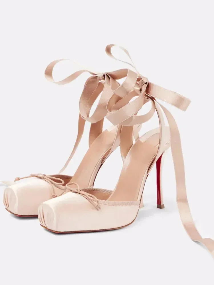VougeVamp Square Satin High Heel Sandals for Women - Elegant Ankle Strap Thin Heel Party and Banquet Ballet Pumps