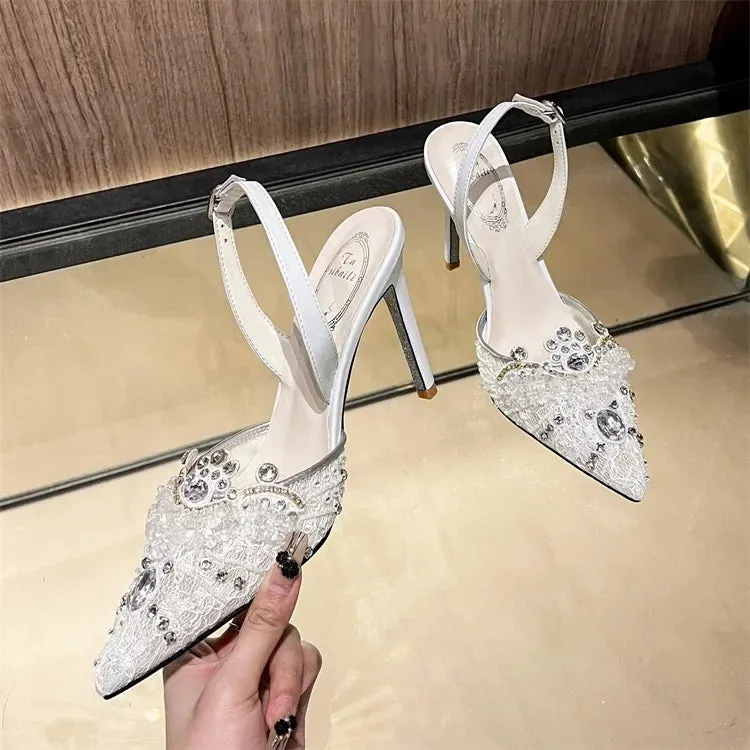 VougeVamp White Pearl High Heel Party Sandals for Women - Elegant Thin Heel Rear Strap Buckle Comfort Pumps
