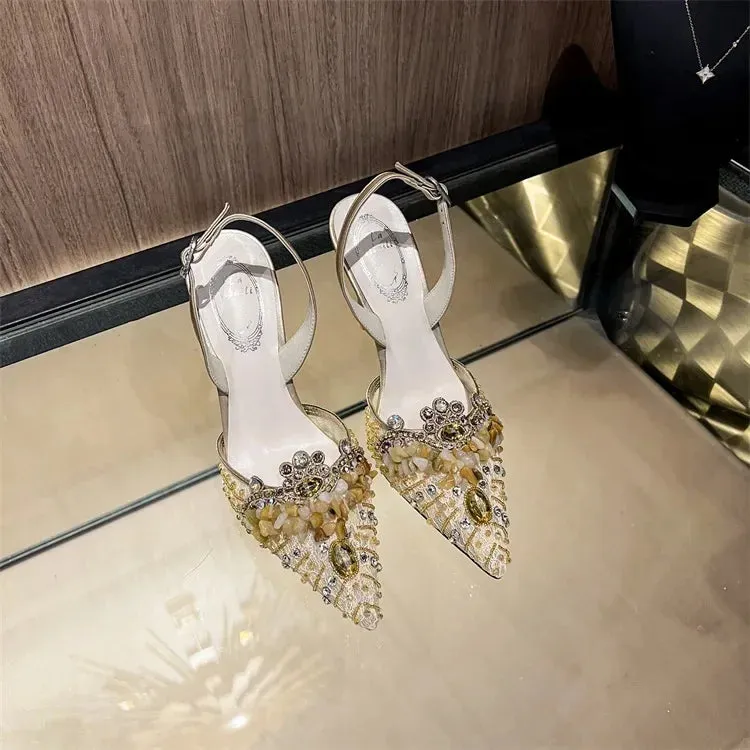 VougeVamp White Pearl High Heel Party Sandals for Women - Elegant Thin Heel Rear Strap Buckle Comfort Pumps