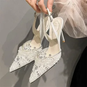 VougeVamp White Pearl High Heel Party Sandals for Women - Elegant Thin Heel Rear Strap Buckle Comfort Pumps