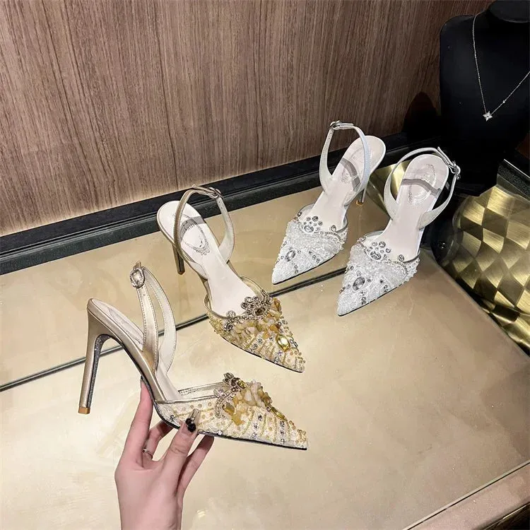 VougeVamp White Pearl High Heel Party Sandals for Women - Elegant Thin Heel Rear Strap Buckle Comfort Pumps