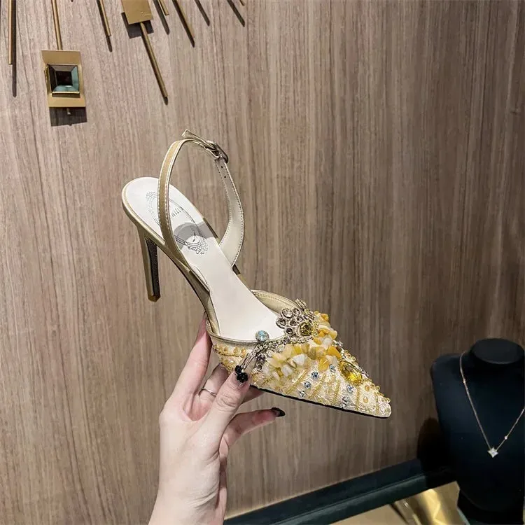 VougeVamp White Pearl High Heel Party Sandals for Women - Elegant Thin Heel Rear Strap Buckle Comfort Pumps