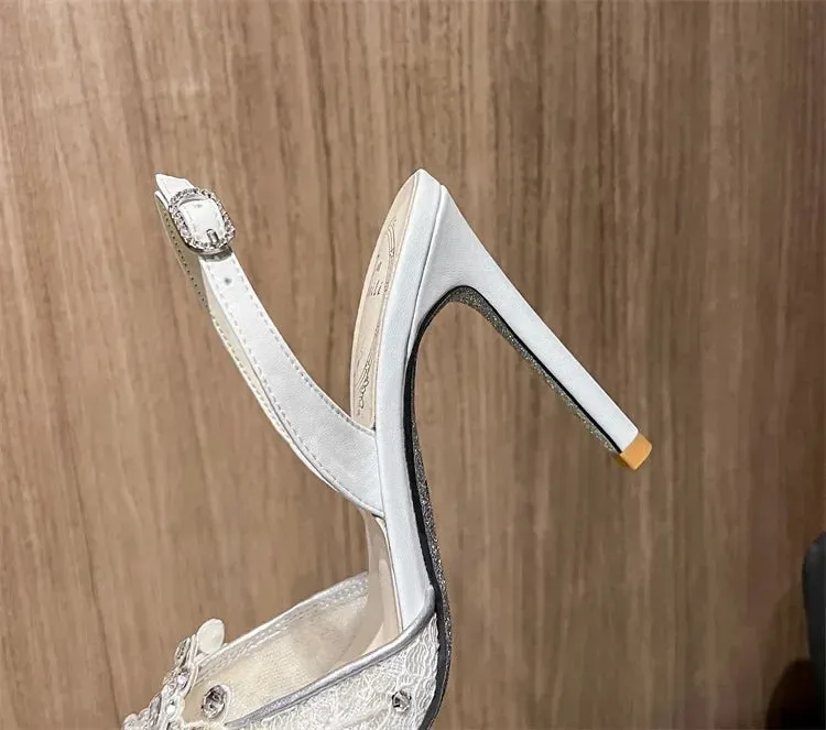 VougeVamp White Pearl High Heel Party Sandals for Women - Elegant Thin Heel Rear Strap Buckle Comfort Pumps
