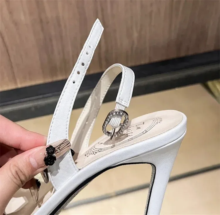 VougeVamp White Pearl High Heel Party Sandals for Women - Elegant Thin Heel Rear Strap Buckle Comfort Pumps