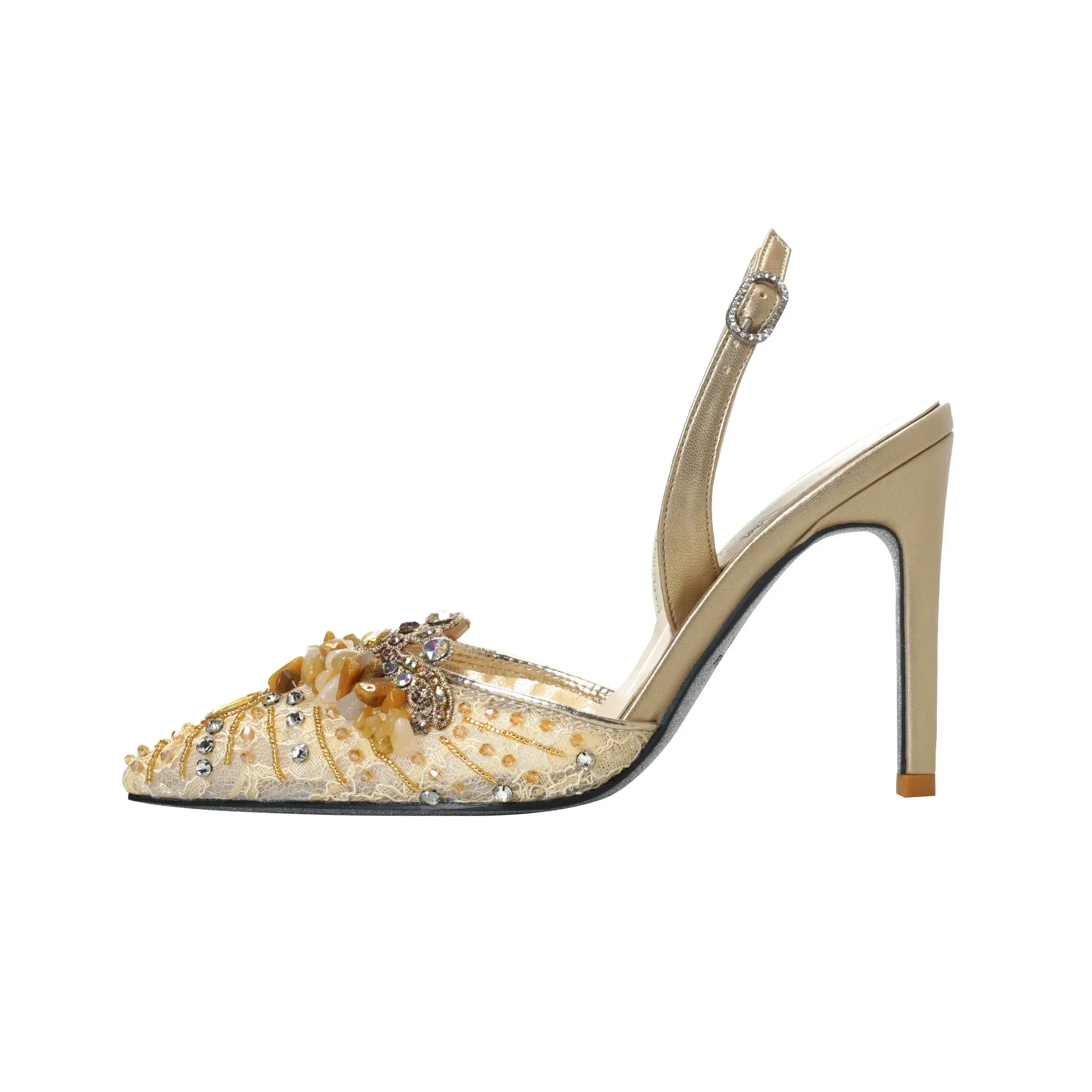 VougeVamp White Pearl High Heel Party Sandals for Women - Elegant Thin Heel Rear Strap Buckle Comfort Pumps