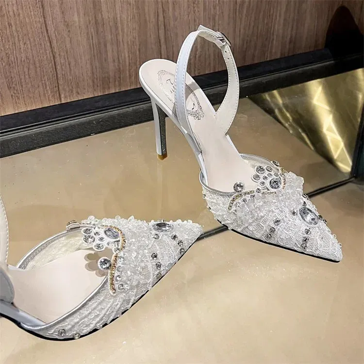 VougeVamp White Pearl High Heel Party Sandals for Women - Elegant Thin Heel Rear Strap Buckle Comfort Pumps