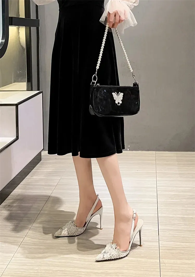 VougeVamp White Pearl High Heel Party Sandals for Women - Elegant Thin Heel Rear Strap Buckle Comfort Pumps