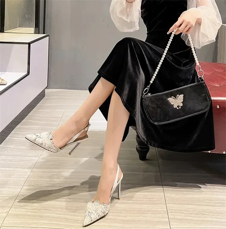 VougeVamp White Pearl High Heel Party Sandals for Women - Elegant Thin Heel Rear Strap Buckle Comfort Pumps