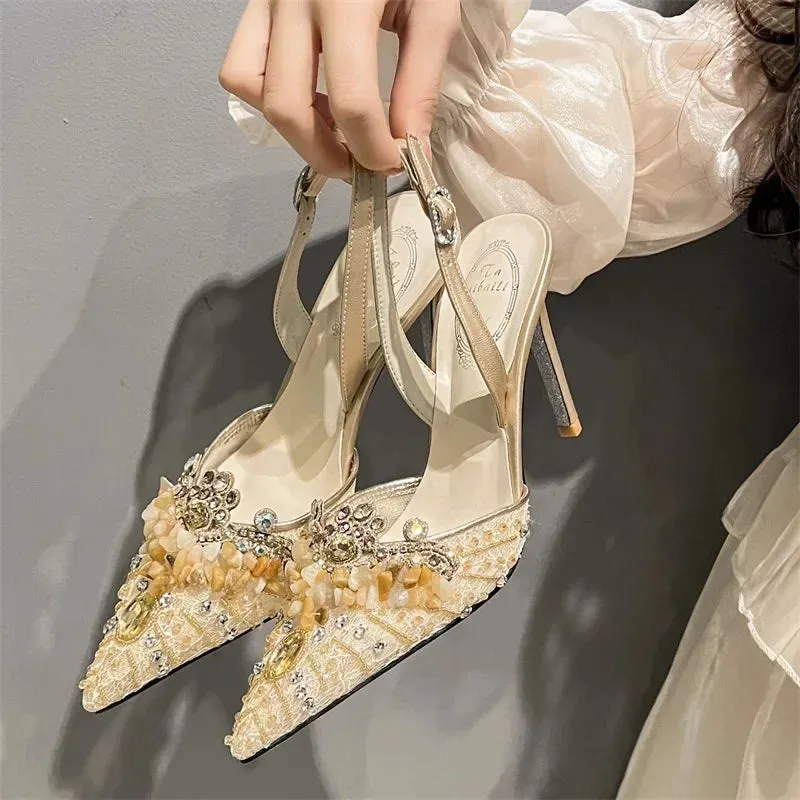 VougeVamp White Pearl High Heel Party Sandals for Women - Elegant Thin Heel Rear Strap Buckle Comfort Pumps